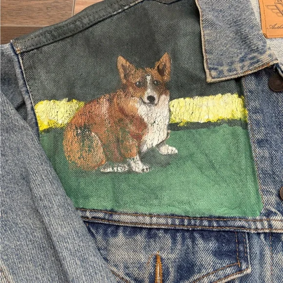 Vintage Denim Jean Jacket with One of a Kind Corgi Mural Masterpiece! - Picture 2 of 11